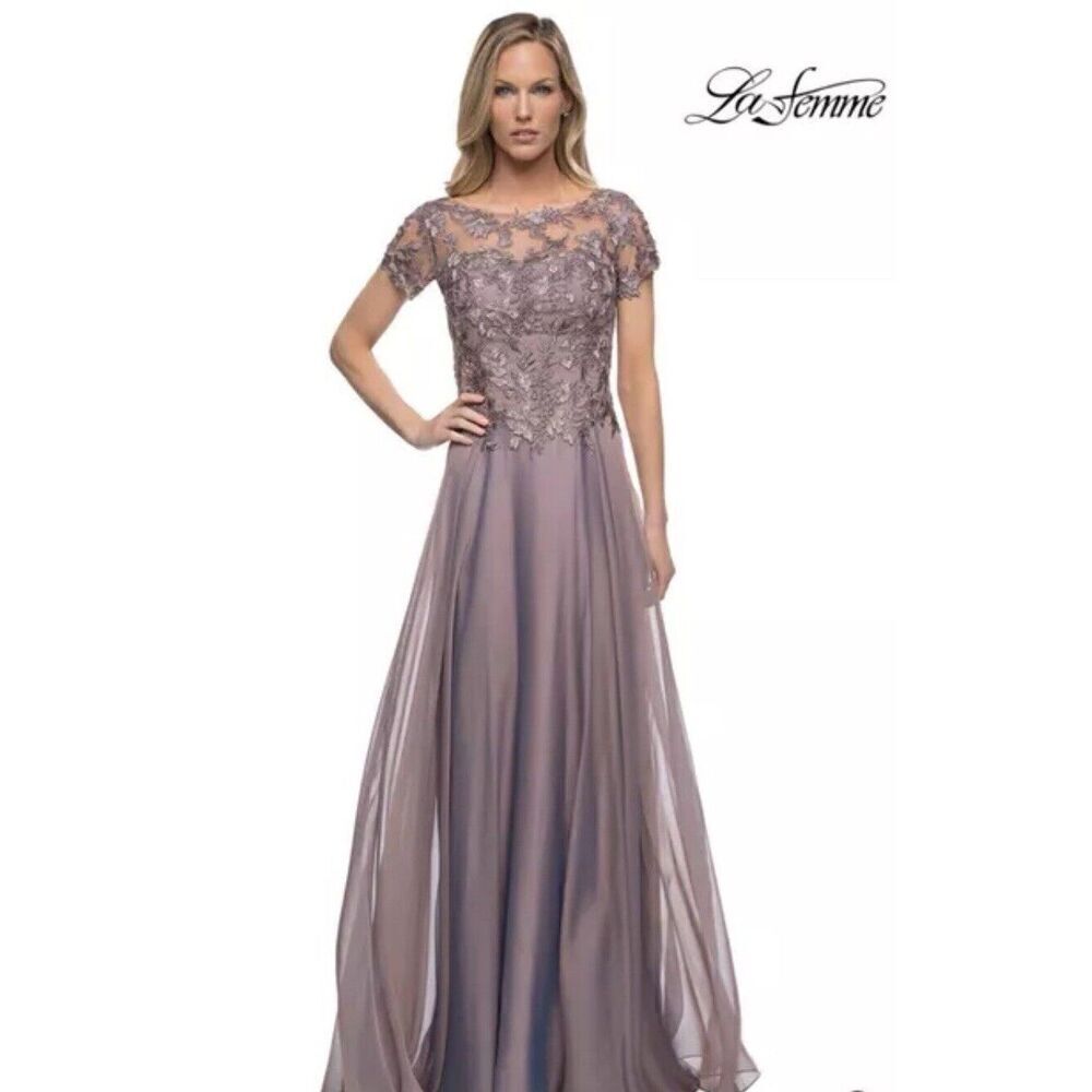 La Femme Chiffon Laced Gown. Size 16. Dark Mauve. NWOT. 14